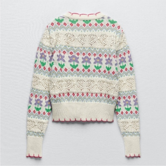 Zara Floral Jacquard Crochet Embroidered Cardigan bohemian 70's vibe feminine - Picture 8 of 15